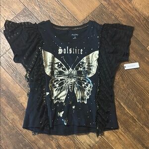 Pilcro Black and Gold Short Sleeve Tee with Butterfly Design